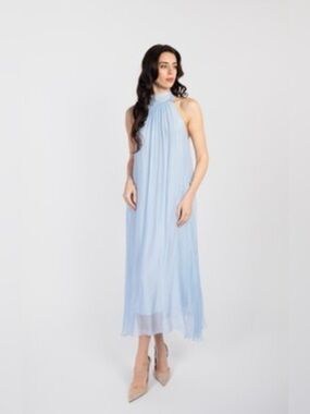 NWT Vianova Baby Blue Silk Blend Maxi Halter Size Small